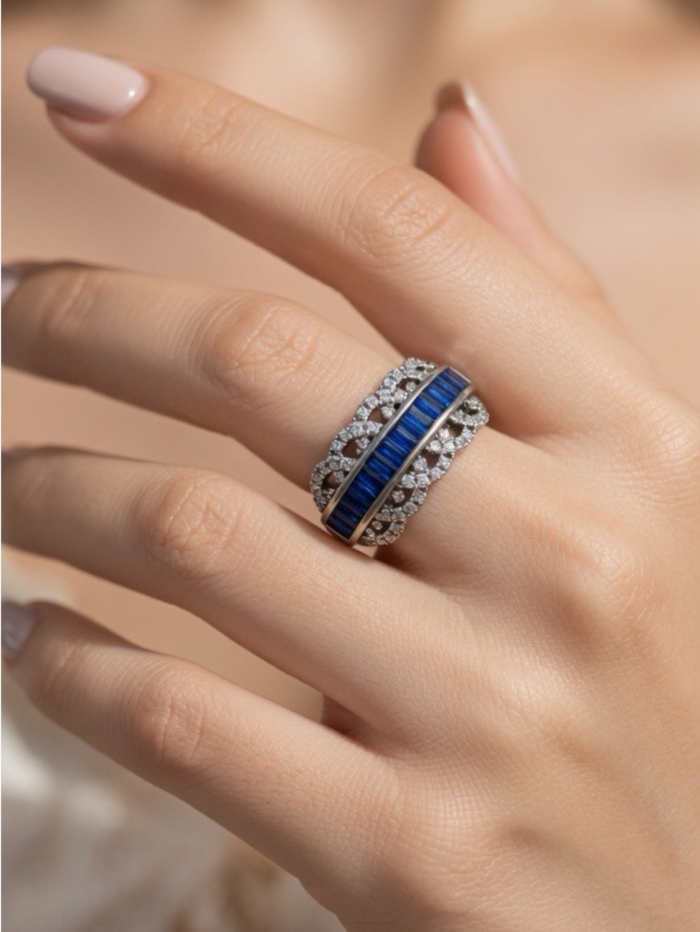 Blue & White Sapphire 925 Sterling Silver Cocktail Ring Wedding Anniversary